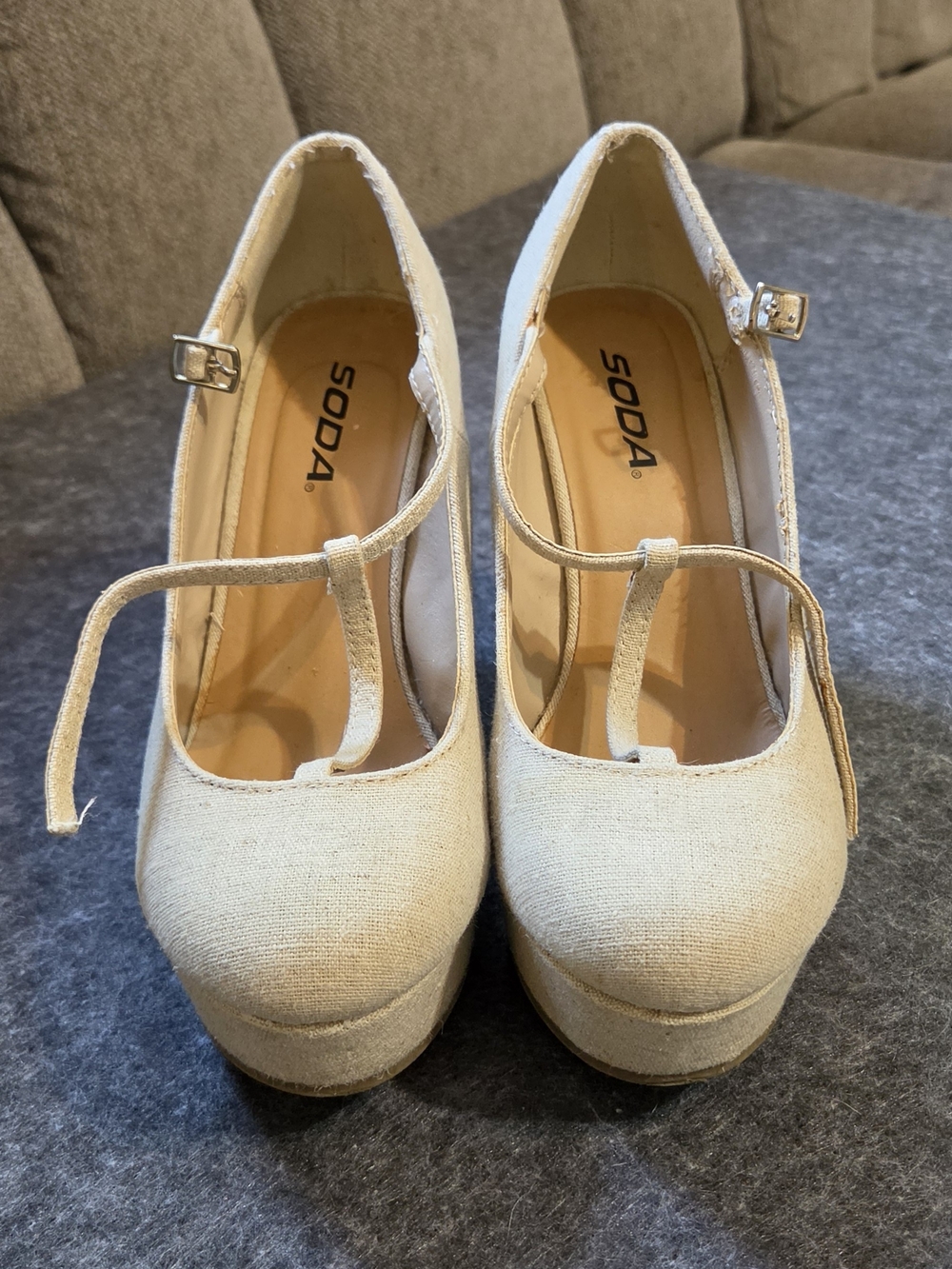 Soda Cream T-Strap Platform Wedge Heels - Picture 2 of 10